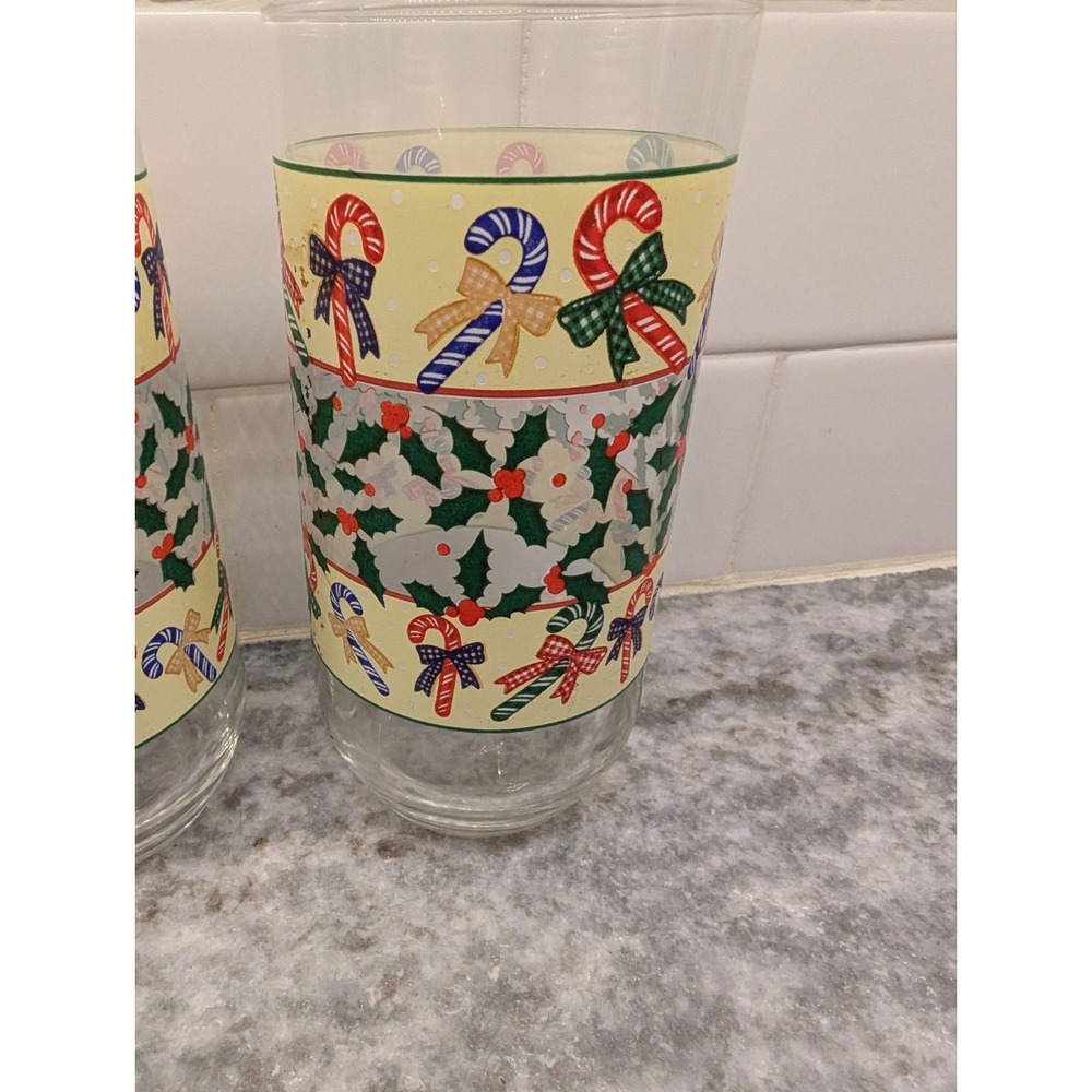 Vintage Candy Canes & Holly Glasses 2 Luminarc Christmas Holiday Glass Tumblers - Picture 3 of 9